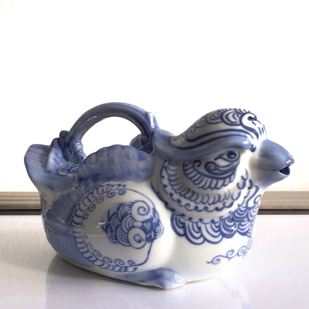 1960s Hand Painted Blue And White Bird Shaped Oriental Teapot